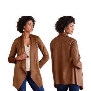 NWT $110 Soft Surroundings Shape Drape Jacket Womens Brown Faux Suede P Large